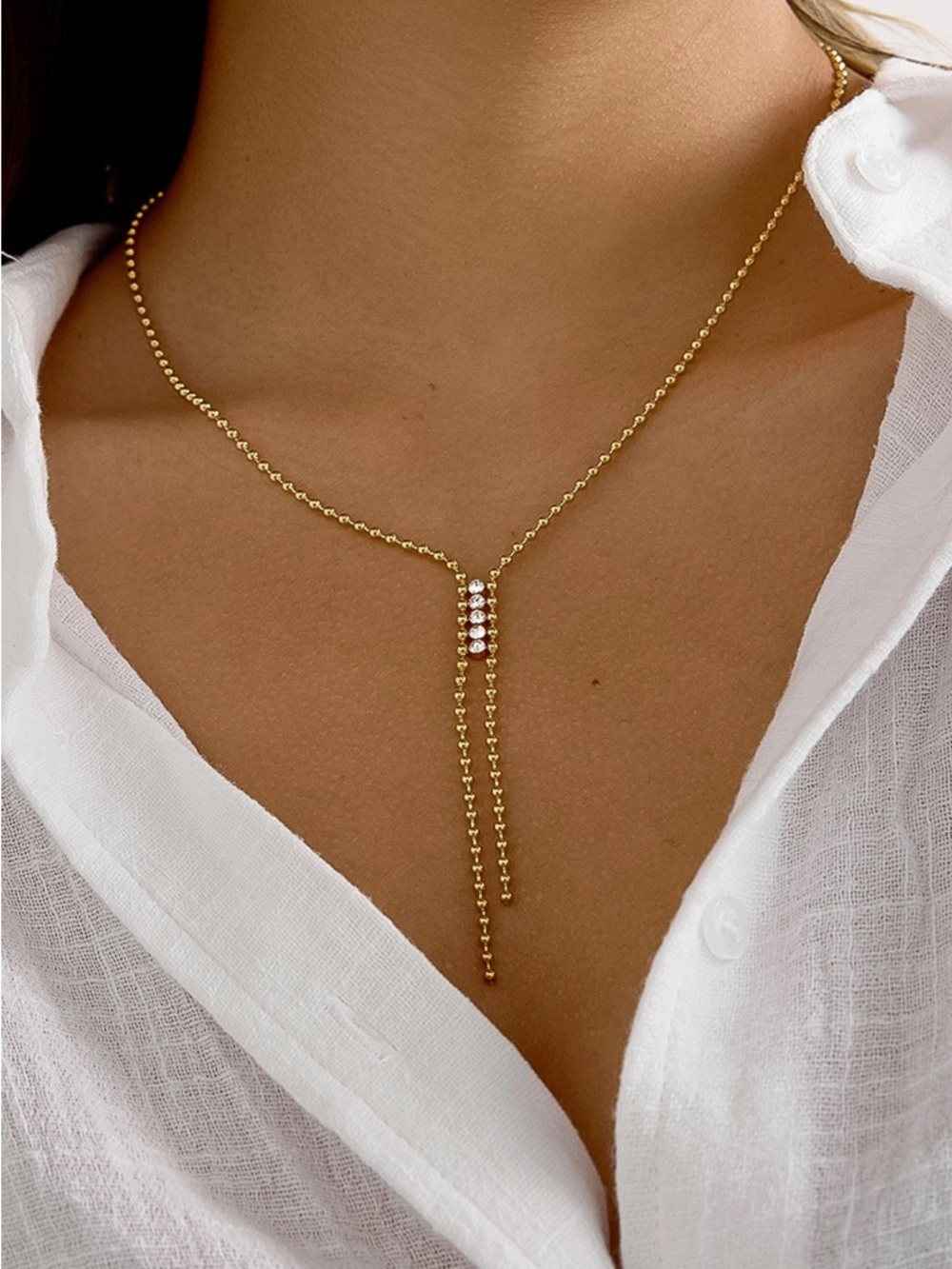 Gold Lariat Necklace with CZ Center Bar - Women Jewelry